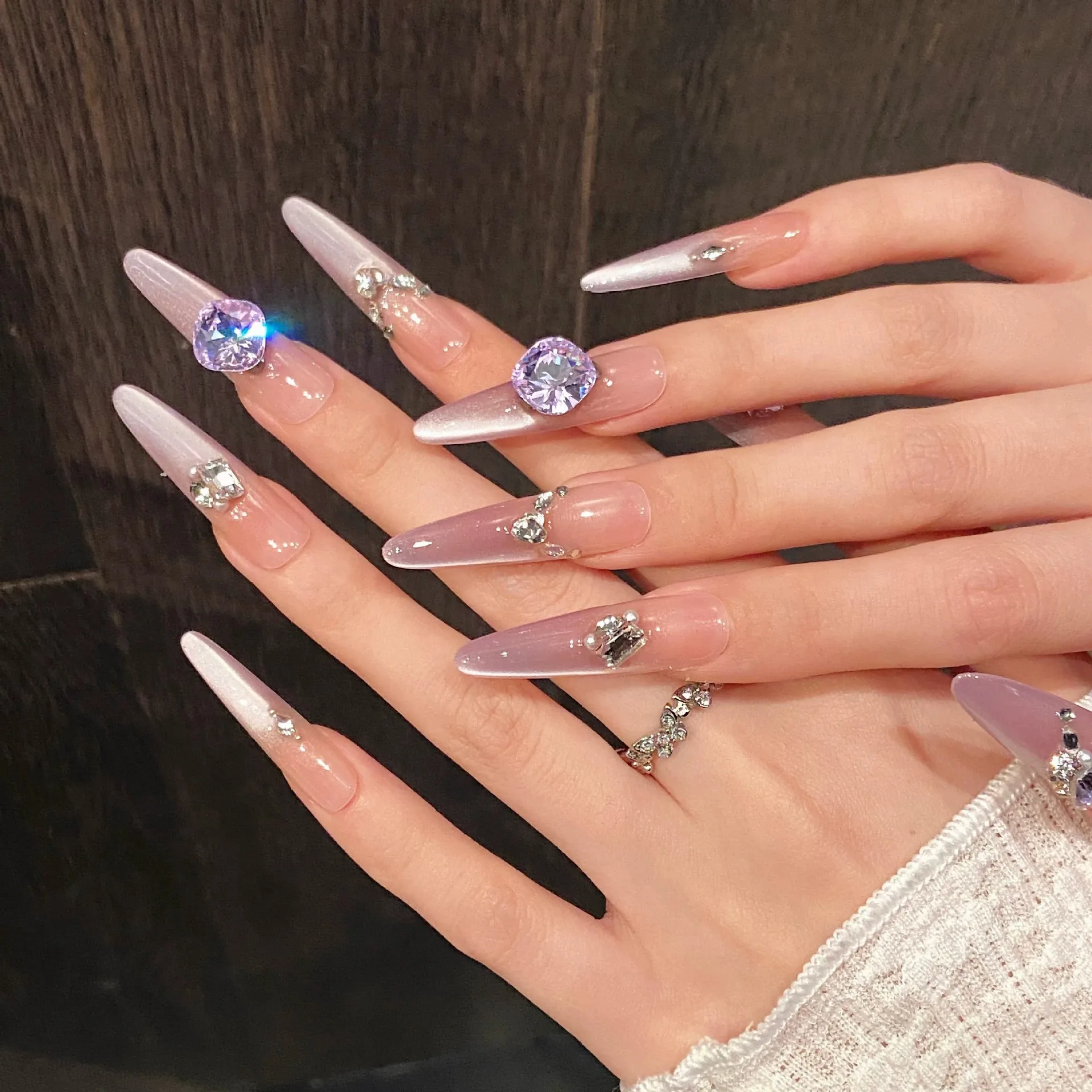 

Cat's Eye Purple Handmade Press On Nails Gradient French False Nails Luxury Glitter Diamond Decor Fake Nail Long Almond Wearable