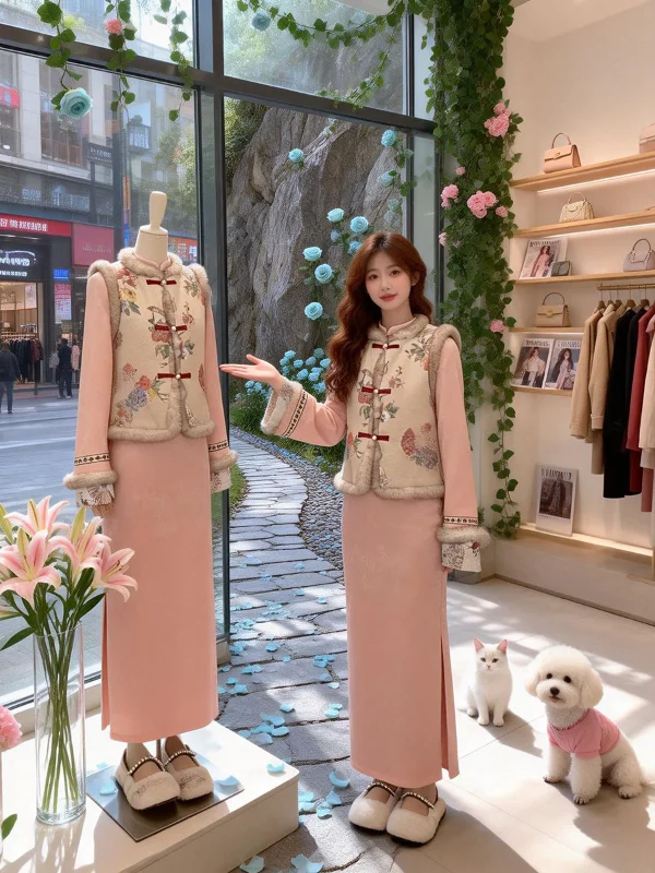 

Pink New Chinese Style Women's Winter Fleece Lined Thick Wedding Dress High End Feel Winter Fashion Women's Dress