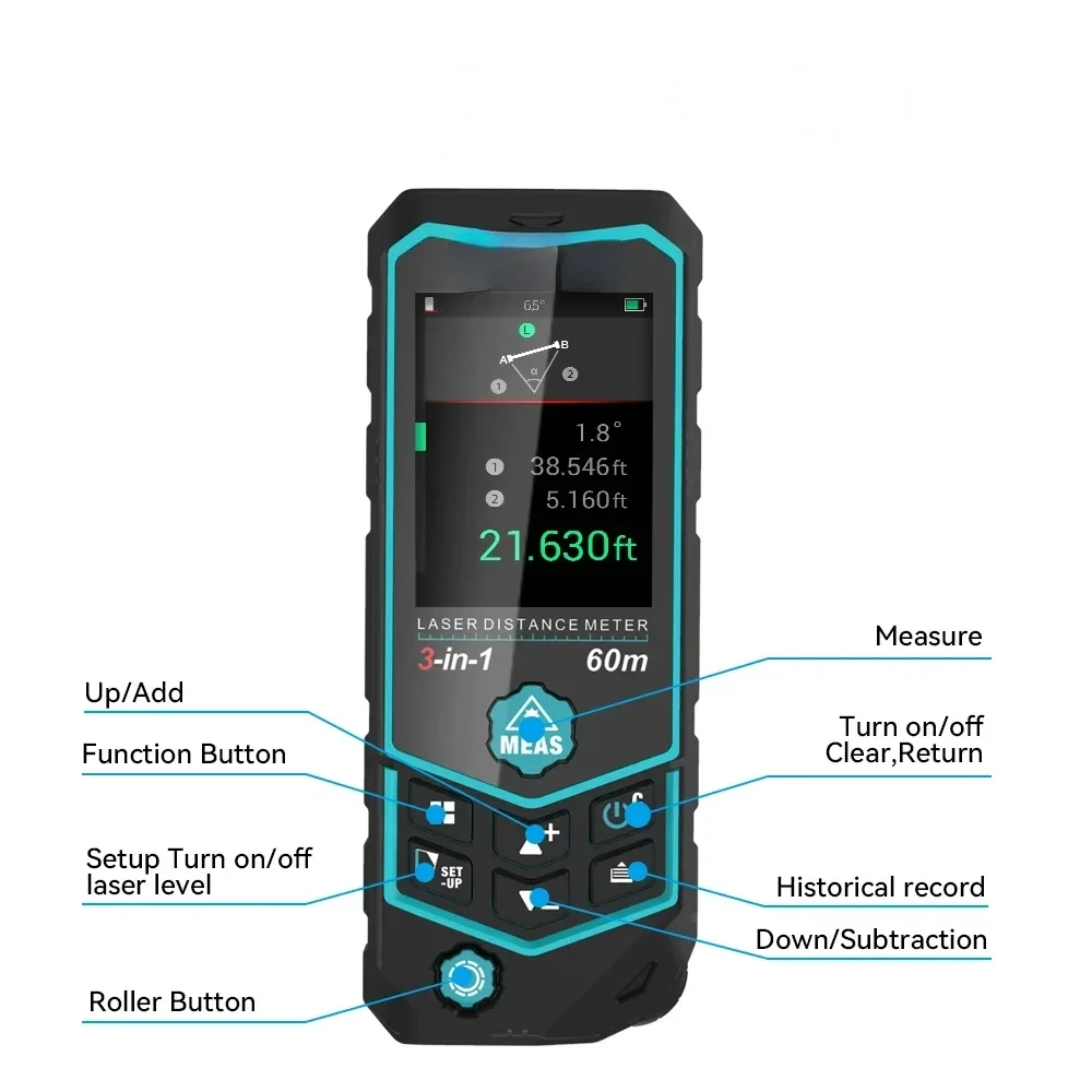 R2B 60M USB Charging 3 In 1 Multifunctional Laser Point To Point Laser Distance Meter With Roller Measurement