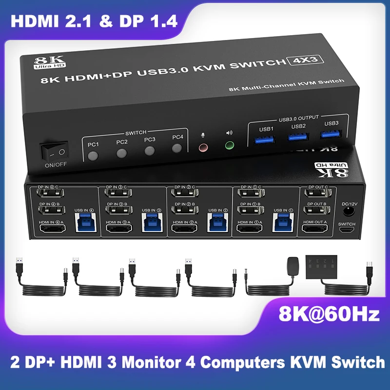 8K@60Hz 2 DisplayPort +1 HDMI  KVM Switch 3 Monitors 4 Computers,Triple Monitor for 4 Computer with Audio and 3 USB 3.0 Ports