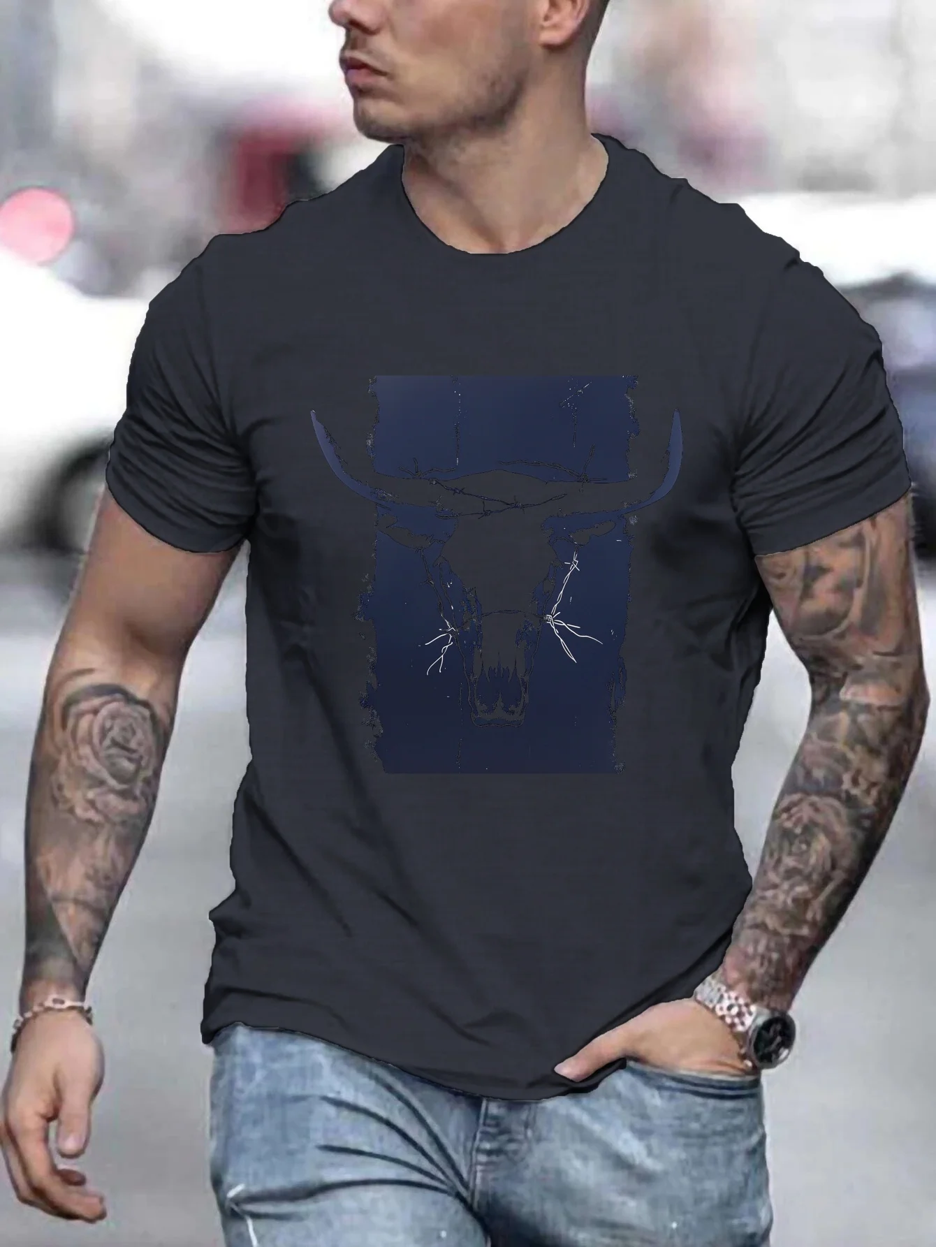 Summer men's 100% pure cotton casual loose plus size Western bull head pattern printed round neck short sleeved T-shirt top image 3