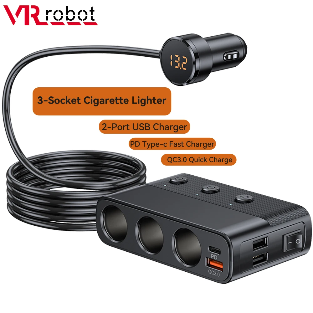 

VR Robot 128W Car USB Charger Adapter 3 Socket Cigarette Lighter Splitter With ON-OFF Switch QC 3.0 +PD Fast Type-c Car Charging