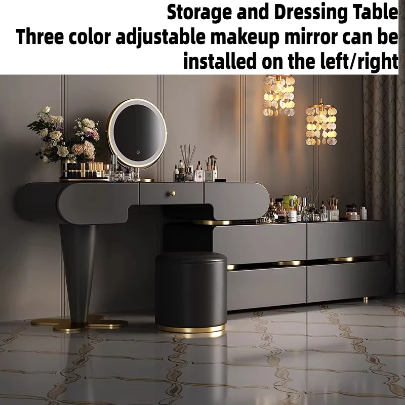 Luxury Modern Dressing Table Integrated LED Mirror Makeup Mirror Storage Vanity Desk Home Stool Wooden Cabinet Bedroom Furniture
