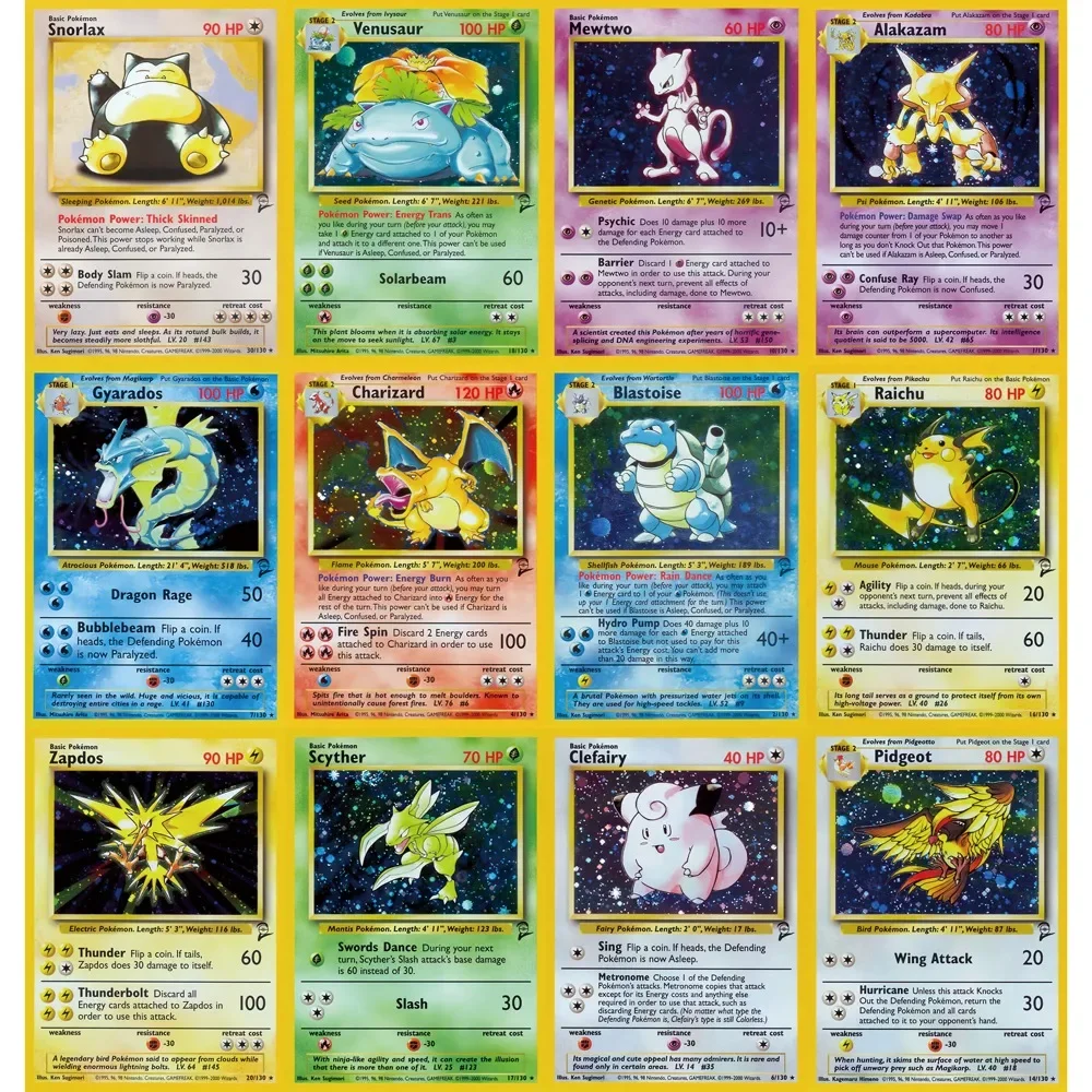 PTCG Cards Base Set 2 Holo Rare Cards Charizard Blastoise Venusaur Mewtwo Raichu Gyarados Snorlax PTCG Cards Gift Collection