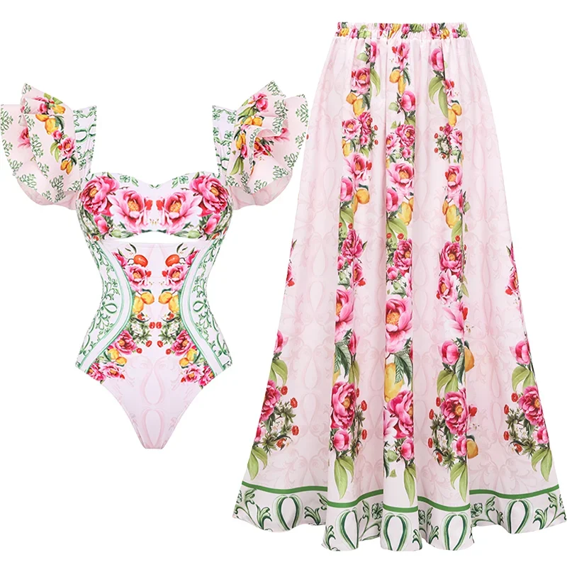 2024 Women Ruffle Cut Out Lemon Floral Pattern Print One Piece Swimsuit and Skirt Beachwear bikini Two piece Bathing Suit