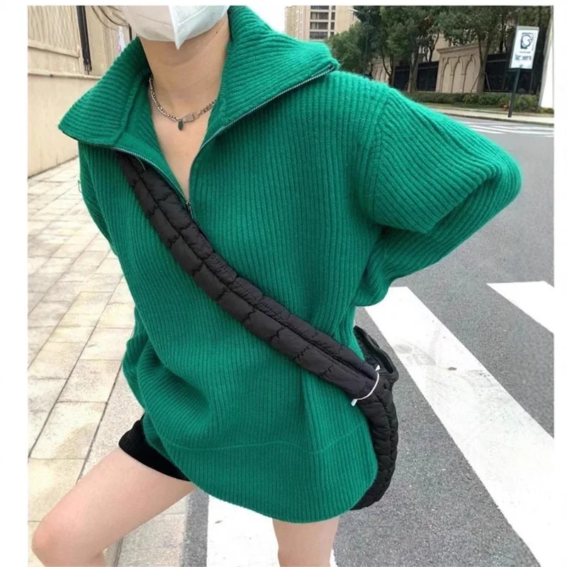 

Women Solid Loose Warm Sweater Lapel Zipper Long Sleeve Thicken Knitted Pullovers Casual Sweater For Women 2025 Autumn Winter