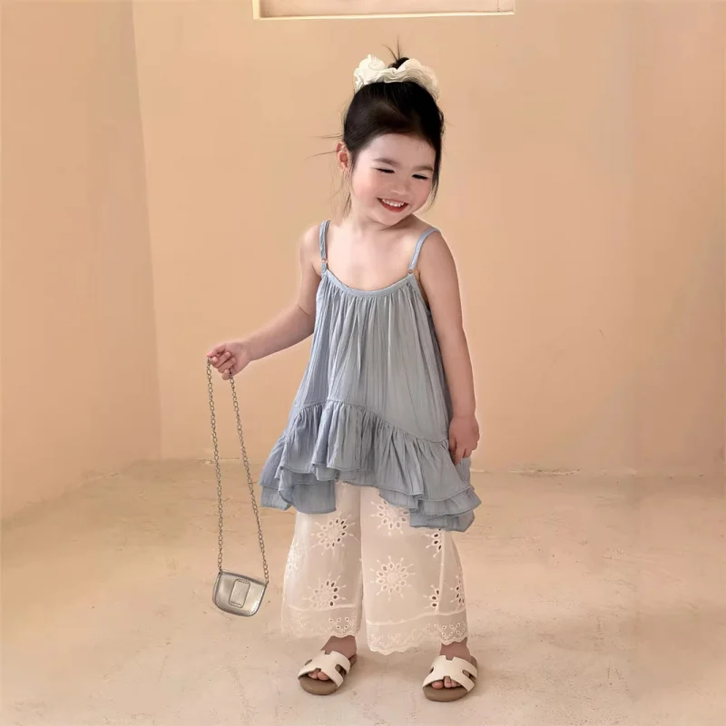 Girls' summer suspender set, unique and super stylish, lace long pants, children's lightweight luxury niche high-end two-piece s