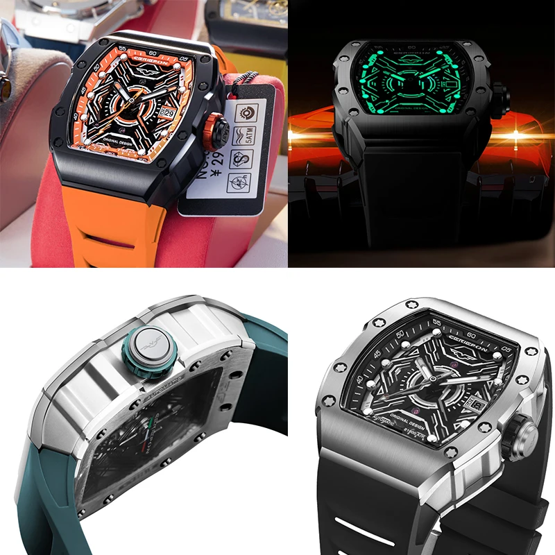 Hollowed-out Men Fully Automatic Watch Wine Barrel Shape 5ATM Waterproof Luminous Rubber Strap Silver Track Series Perfect Gift