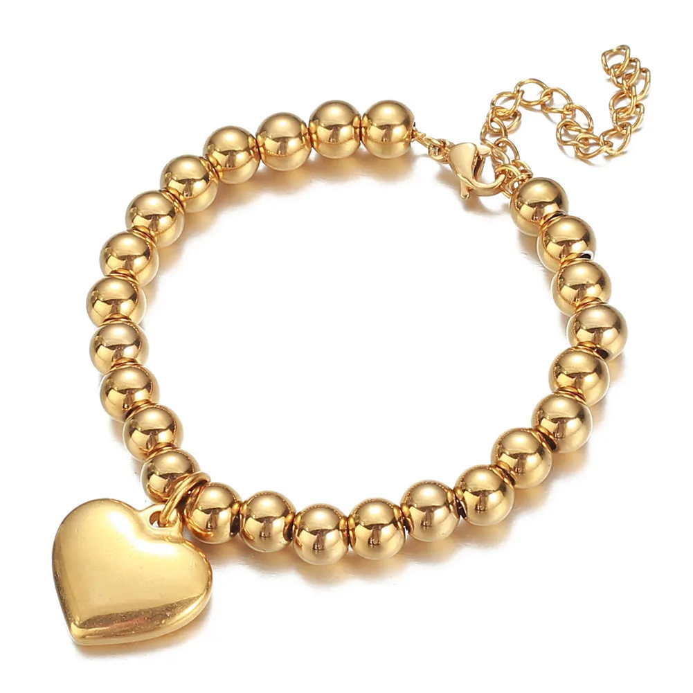 

New Original Solid 316L Stainless Steel Beads Chain Bracelet Heart Pendant for Men Women IP Gold Plated Metal Jewelry Gift