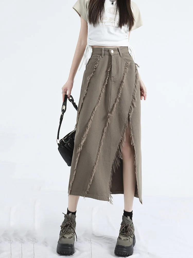 Ladies Irregular High Waist Chic Midi Skirt Casual Versatile Personality Split Fur Edge Tassel Denim A-Line Skirt