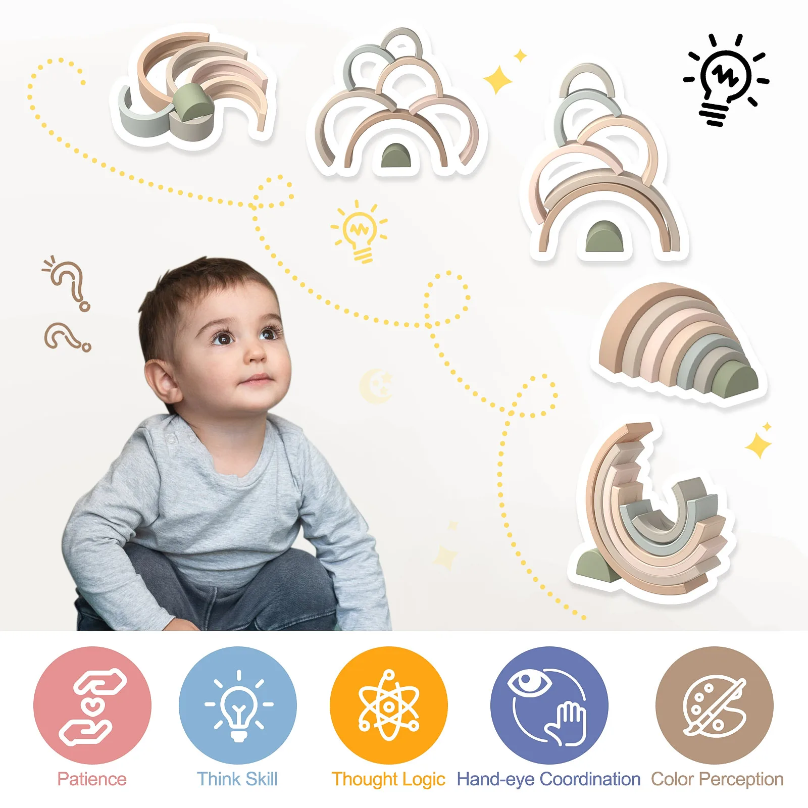 7-Piece Soft Silicone Baby Blocks Set, Rainbow Colors, Montessori, BPA-Free 4