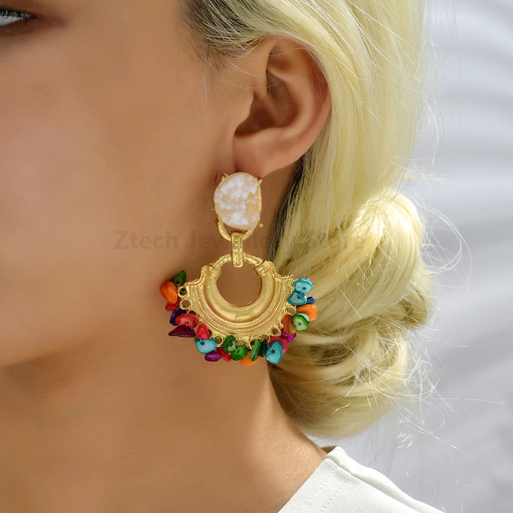 Ztech Ethnic Bohemian Vintage Handmade Hanging Colorful Stone Dangle Metal Drop Earrings Big Long Jewelry Accessories For Women