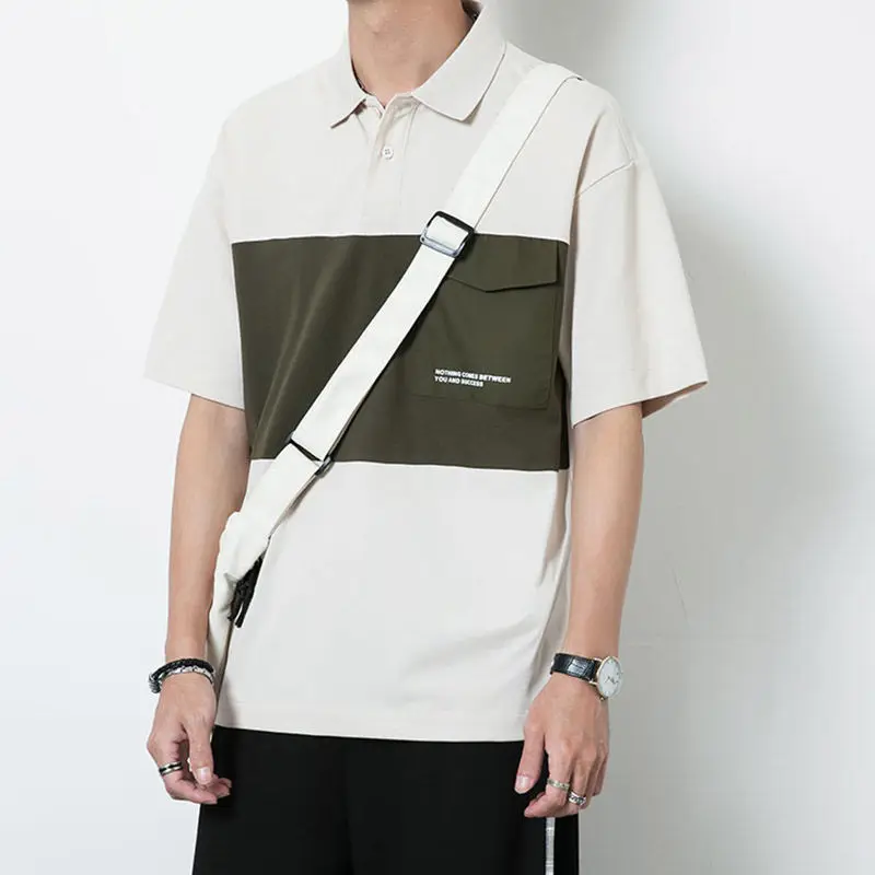 Office Lady Fashion Casual Business T-Shirts Pockets Loose Sprung Summer Men\'s Clothing Patchwork Button Short Sleeve Handsome