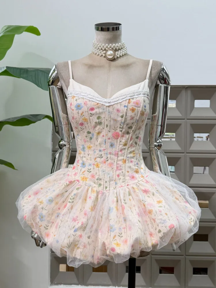 여성용 봄 여름 플로럴 프린트 캐미 드레스 튤 스커트 스윗 캐주얼 파티웨어 2025 트렌디 여성 패션 의상 드레스