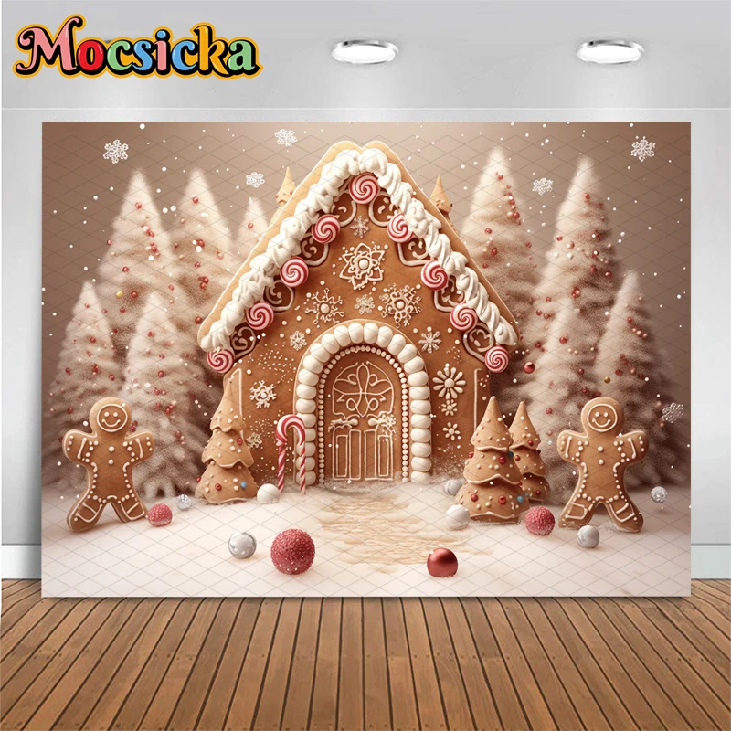 Mocsicka クリスマスハウス背景写真撮影ツリーパーティーベビー写真背景ベージュ壁紙スノーフレークキャンディ装飾バナー