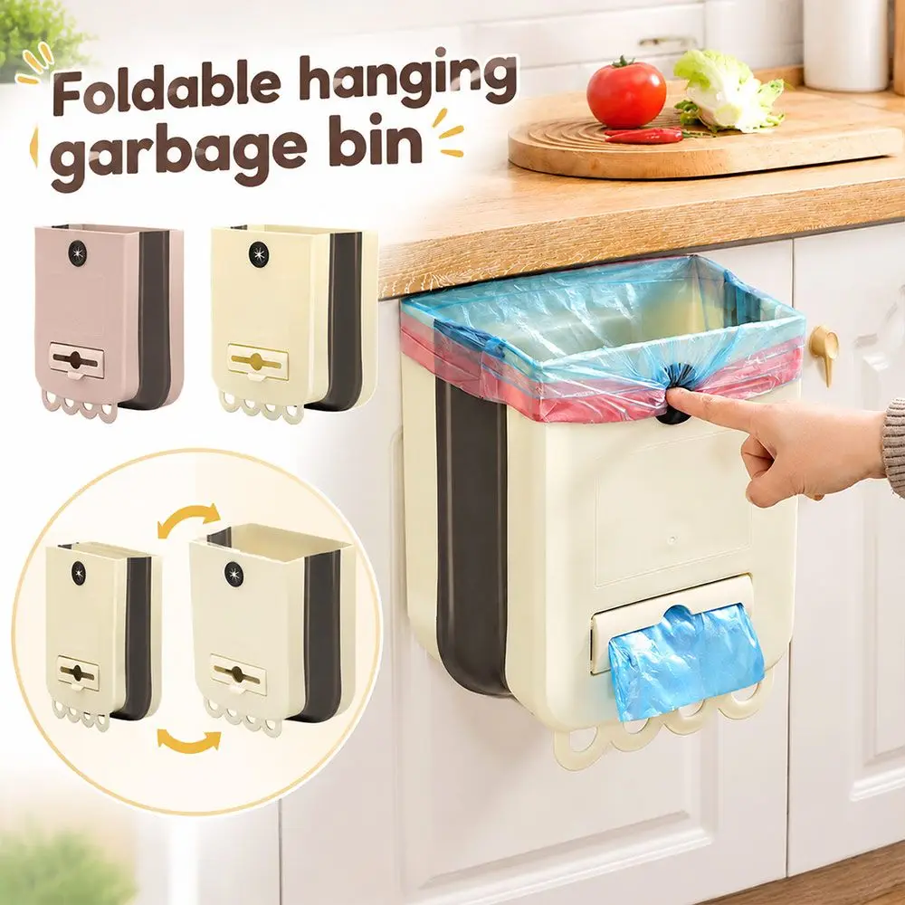 New Foldable Hanging Trash Can Wide Opening Hanging Storage Collapsible Waste Bin Plastic Kitchen Compost Bin Cabinet Door
