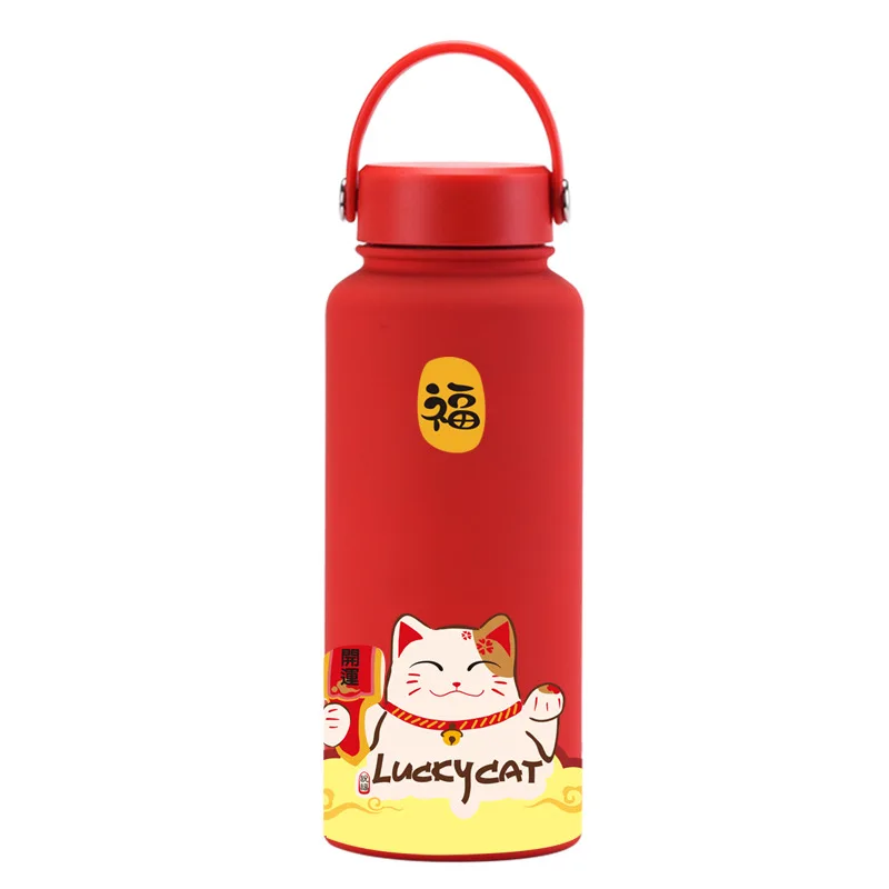 1L Fortune Cat/Flower Pattern Thermos For Tea Coffee Vaccum Insulated Water Bottle 304 Stainless Steel Tumbler For Travel Office
