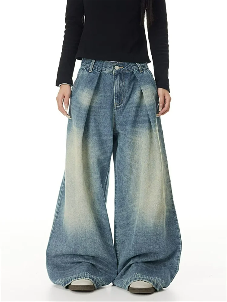 Men's Wear Blue Wide-Leg Denim Pants Baggy Jeans Vintage Three-Dimensional Cut Curved Knife Jeans Loose Fit Summer New Trend