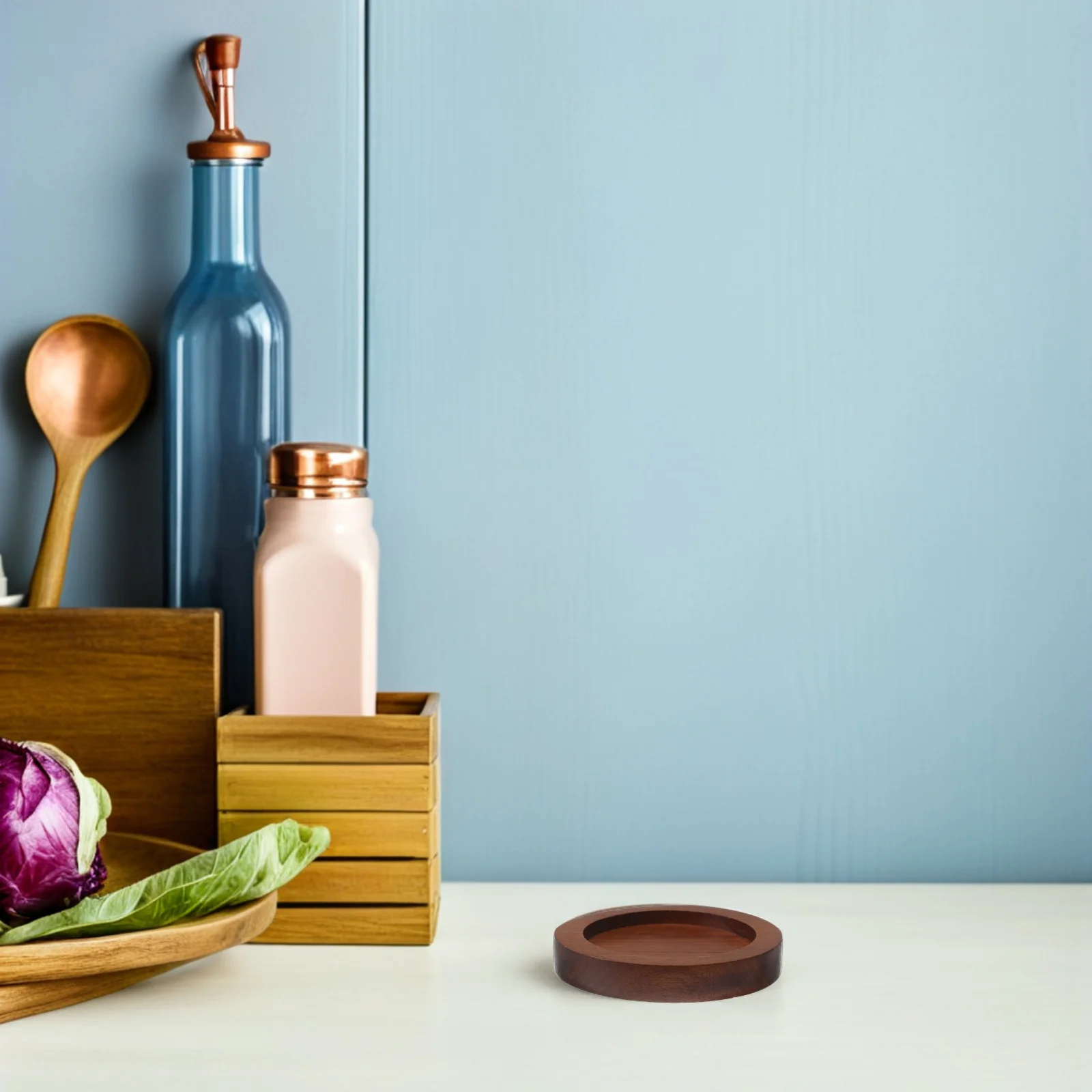 

Acacia Wood Salt and Pepper Mill Tray - Round Grinder Stand Pedestal for Spice Jars Sauce Bottles - Kitchen Condiment Organizer