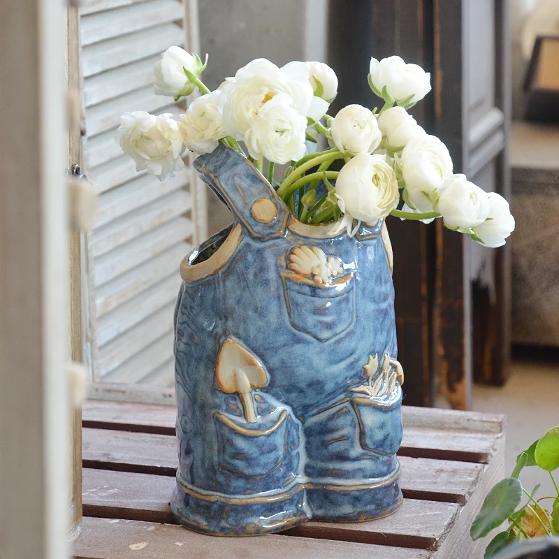 Creative Denim Pants Flower Pot Ceramics Blue Handmade Decor Jeans Shape Figurines Planter Containers For Home Garden Lawn Yard