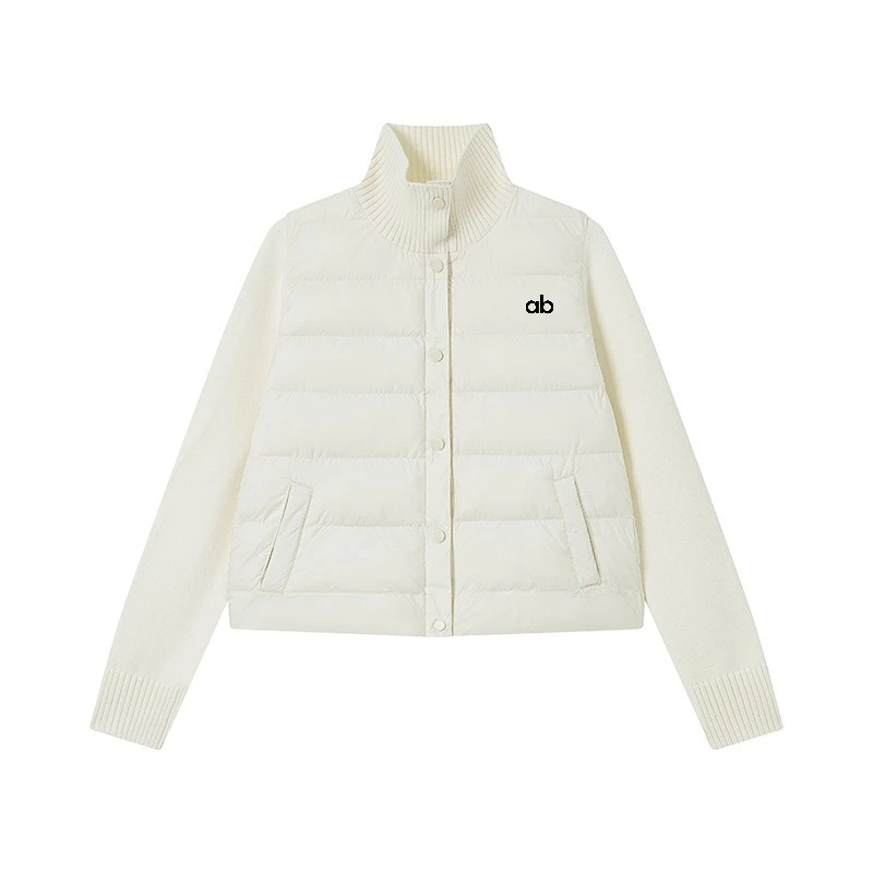 2026 New Women Knit Splicing Padded Jacket Stand Collar Long Sleeve Button Closure Short Warm Coat for Casual Street Style