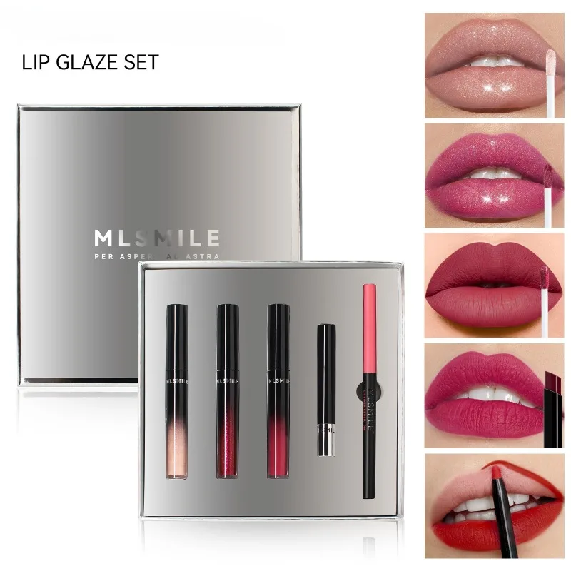 5-częściowy luksusowy zestaw do ust w srebrnym pudełku prezentowym, wodoodporny zestaw błyszczyków z konturówką do ust, odporny na rozmazywanie, trwały przez cały dzień, kolekcja świąteczna