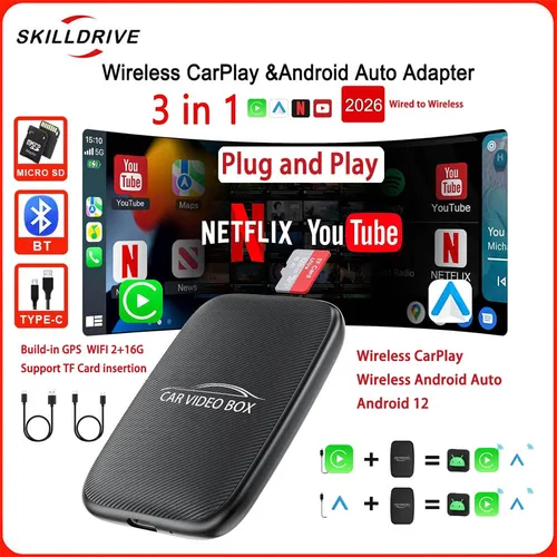 SKILLDRIVE 2026 Car Ai Box 3 en 1 inalámbrico CarPlay Android Auto adaptador Android TV Box en Youtube Nexflit sistema inteligente de coche