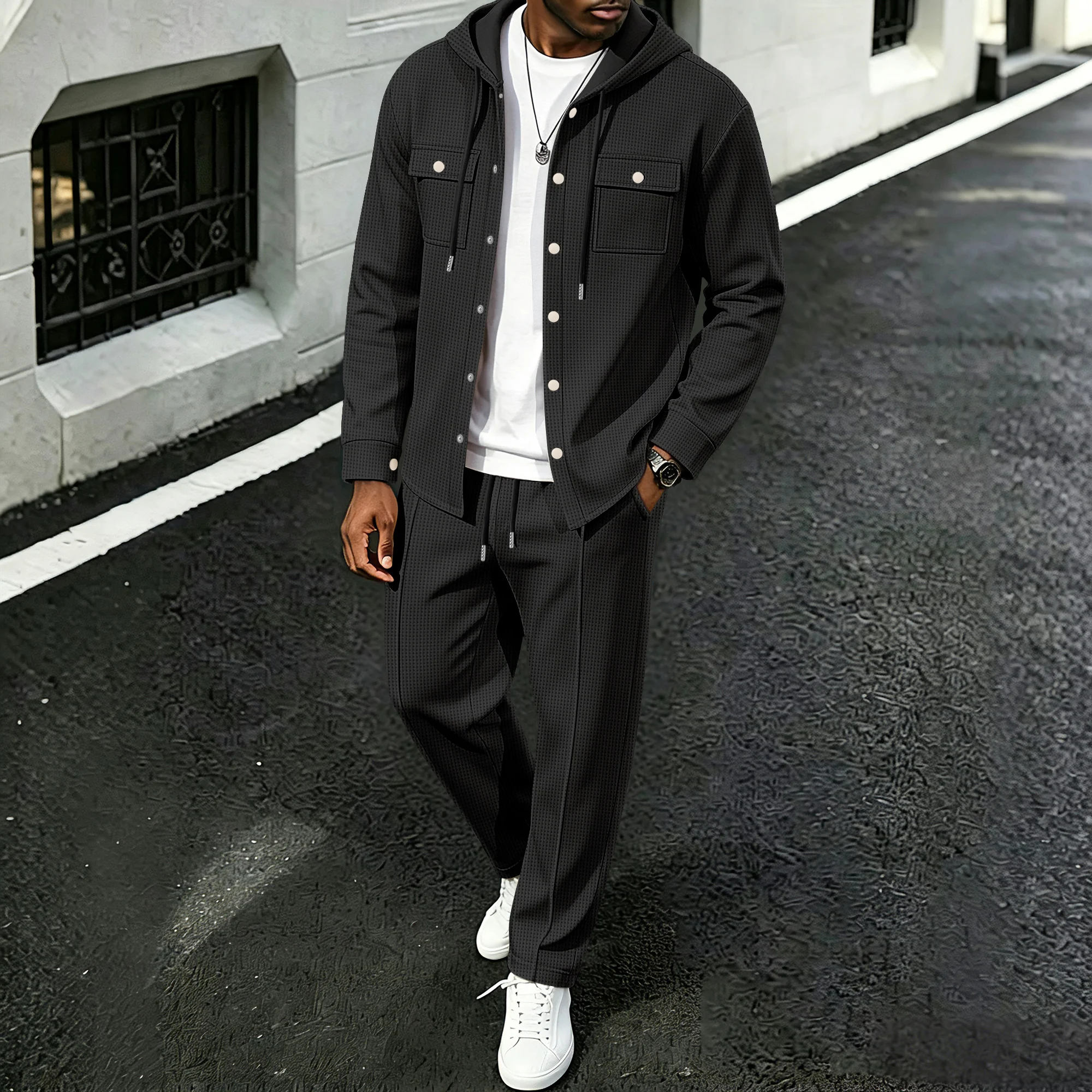 Men's spring-autumn matching set: Waffle knit hooded jacket paired with straight-leg pants, suitable for outdoor travel and casu