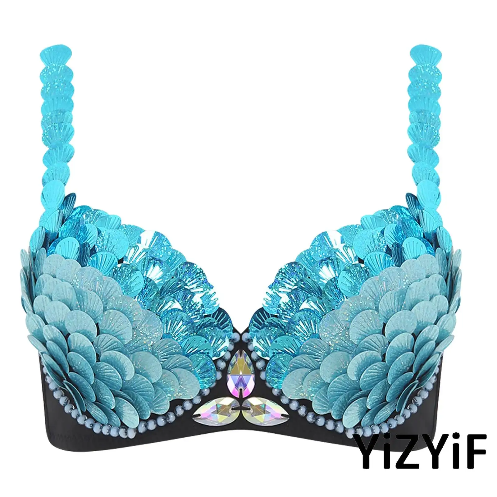 

Womens Belly Dance Bra Top Fish-scale Sequins Playful Decor Push-up Underwire Bralette Lingerie for Halloween Mermaid Cosplay