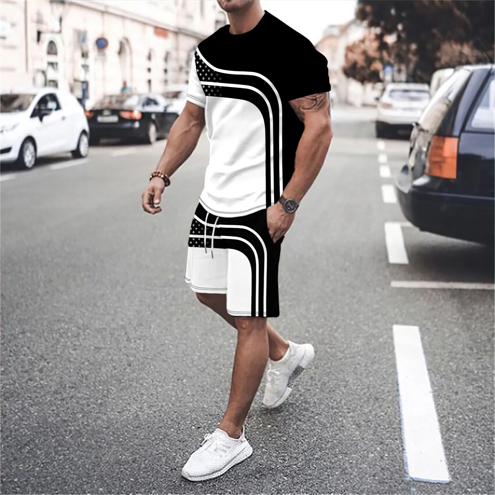 Men Luxury T Shirt Tracksuit 2 Piece Sets 3D Print Sports Short Sleeve Round Neck Casual Style All-Match Clothing Summer