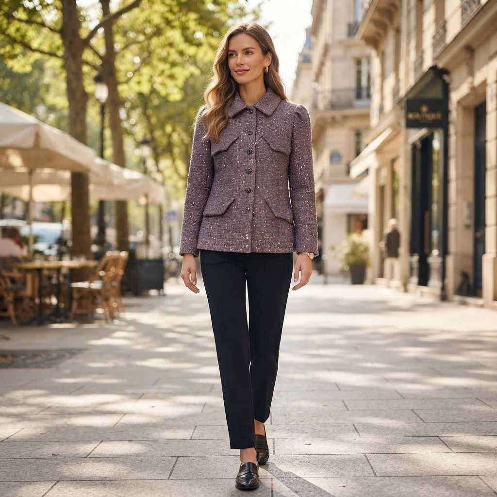 Silk Women Tweed Blazer Jacket Sequin Glitter Lapel Collar Button Front Long Sleeve Flap Pockets Elegant Office  BH1626
