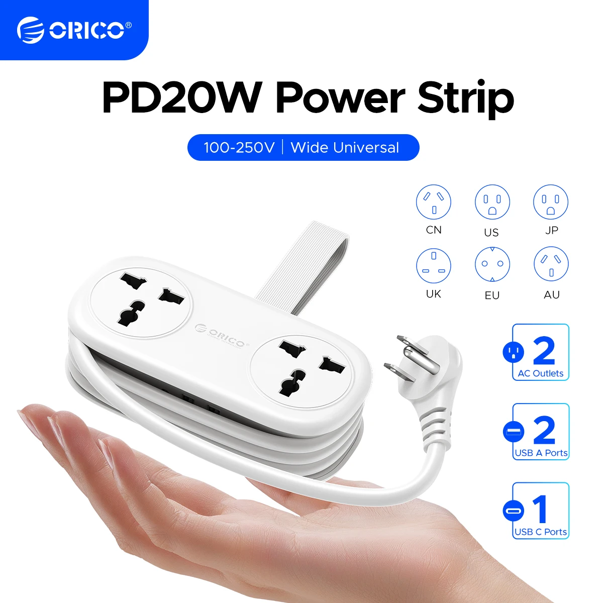 

ORICO Plug Electrical Power Strip 2AC Outlets 2 USB 1Type C 1.1M Extension Cord 20W Fast Charging Plugs for Travel AdapterHome