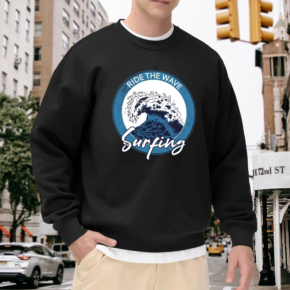 

Men's Black Crew Neck Loose Sweatshirt with Wave Print, Trendy Top, Street Casual Style, Versatile, Comfortable, Breathable, Fashionable Item for Everyday Wear