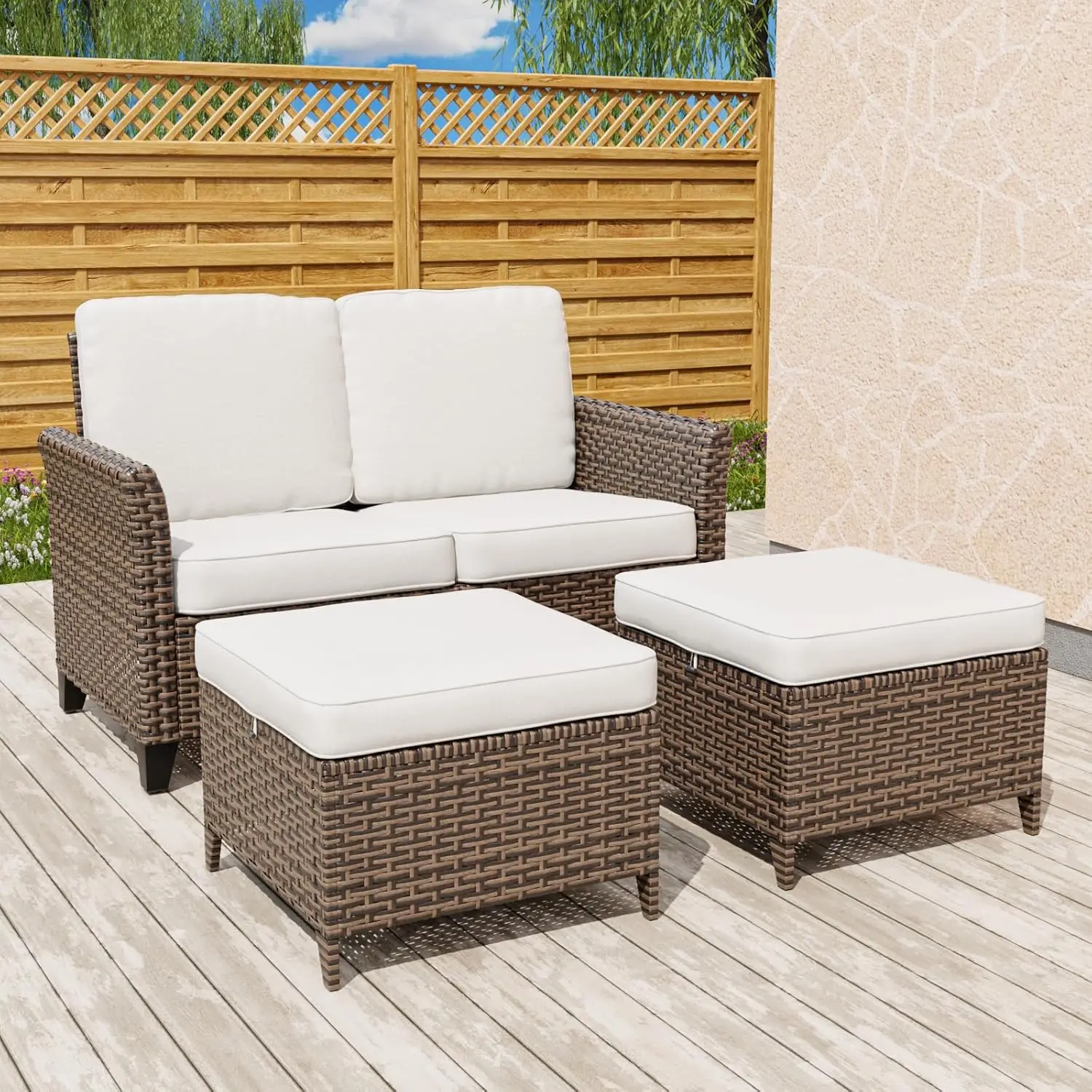 

Комплект садовой мебели Harbor Retreat из 3 предметов, набор для отдыха на открытом воздухе с 2-местным диваном и пуфами, плетеная мебель