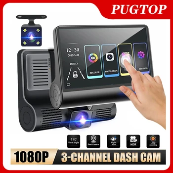 4 inch touch screen car dvr 1080P dash cam 3 channel front inner rear camera recorder night vision loop recording g-sensor