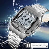 Fashion Back Light Digital Sports Watch Men Stainless Steel Strap Alarm Clock Countdown Glass Mirror Wristwatch Clock