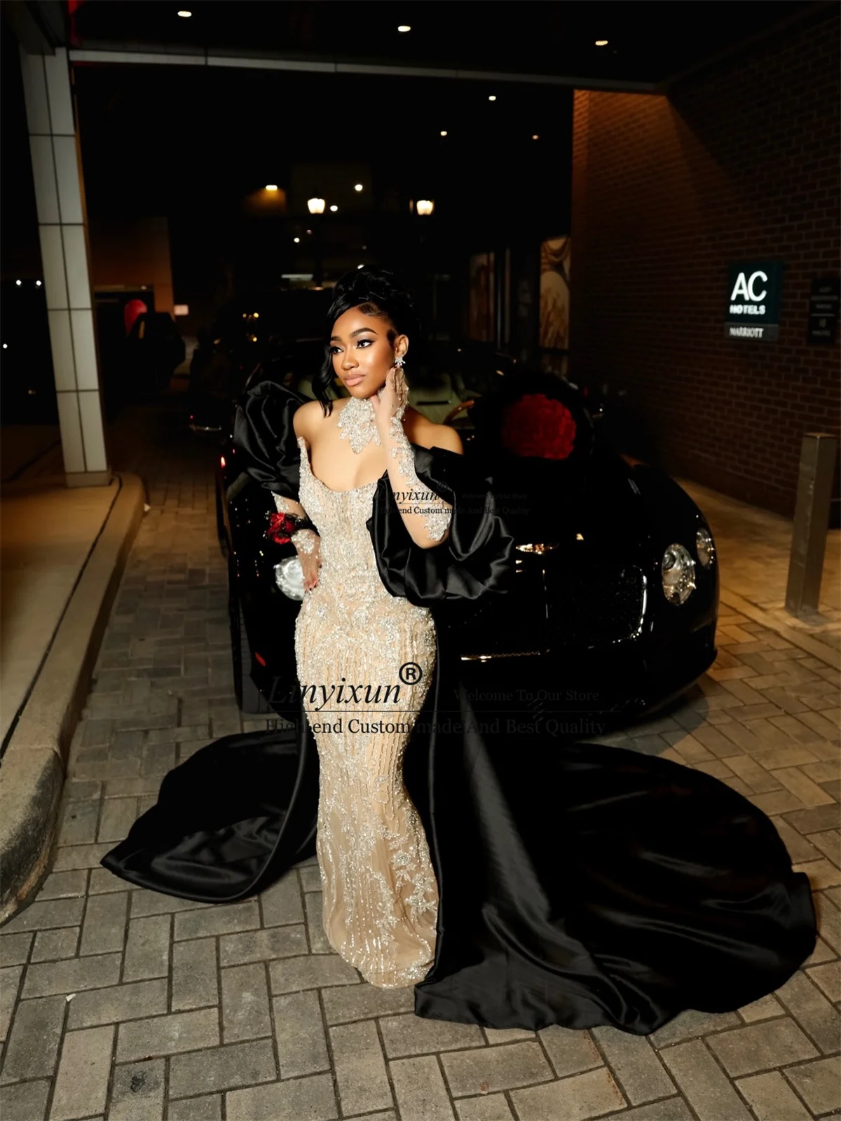 Sparkly Bead Diamond Mermaid Prom Dress Black Girl Formal Evening Party Gown With Remove Train Customized African Robe De Soiree