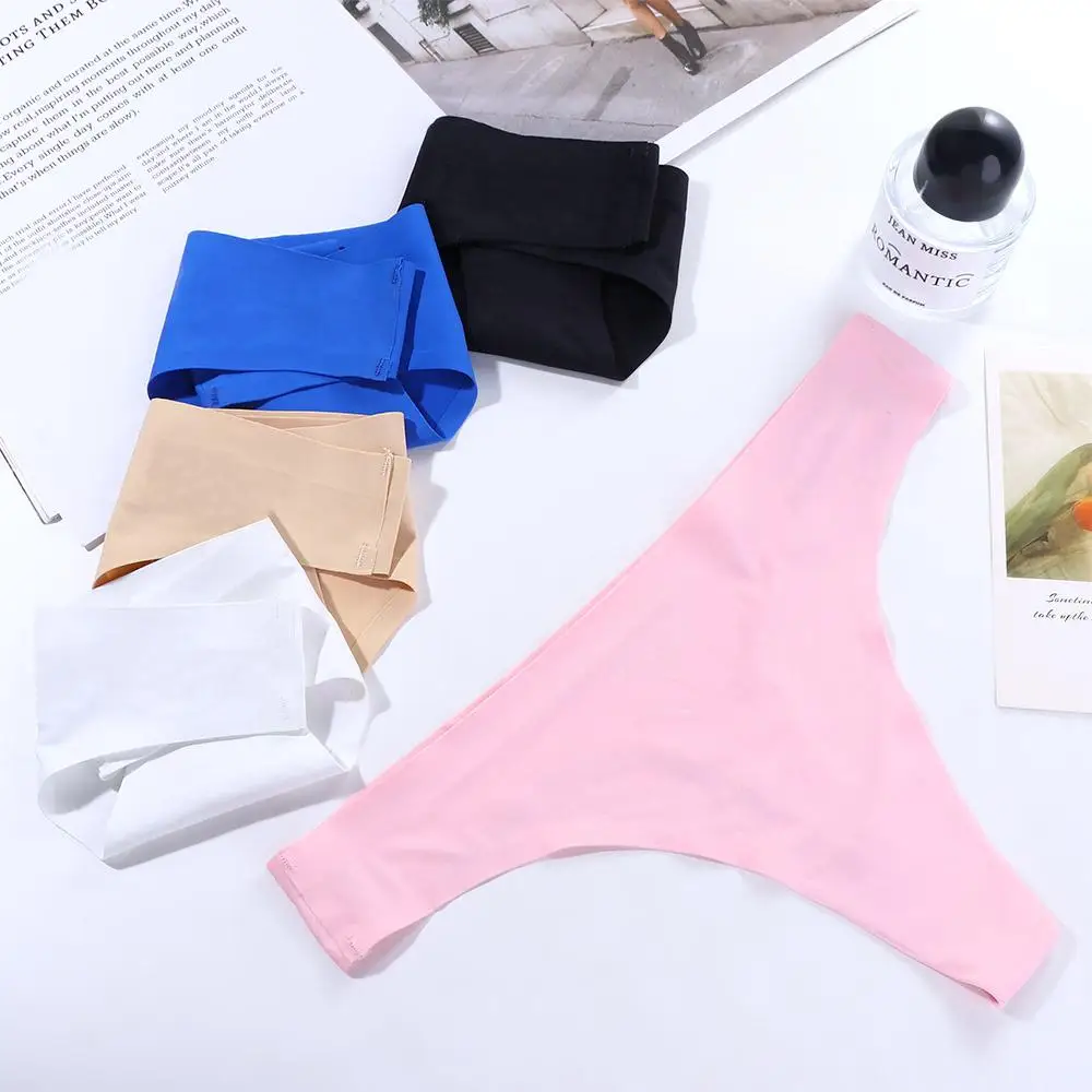 

Sexy Women's Sport Panties Underwear Seamless Ice Silk Thong Low Waist Female PINK Letter G-String Solid Color Lady Intimates