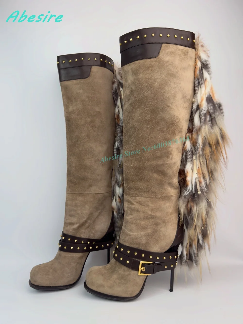 Wildleder-Fell-Fransen-Overknee-Stiefel mit goldenen Nieten, Patchwork und Stiletto-Absatz, Damenstiefel, lässige Western-Cowgirl-Party-Schuhe, neu