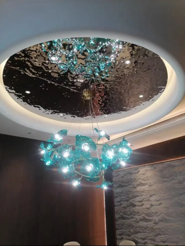 

Green Glass Leaf Crystal Hanging Chandelier For Hotel Lobby Loft Living Dining Room Kitchen Island Nordic Lotus Leaf Chandeliers