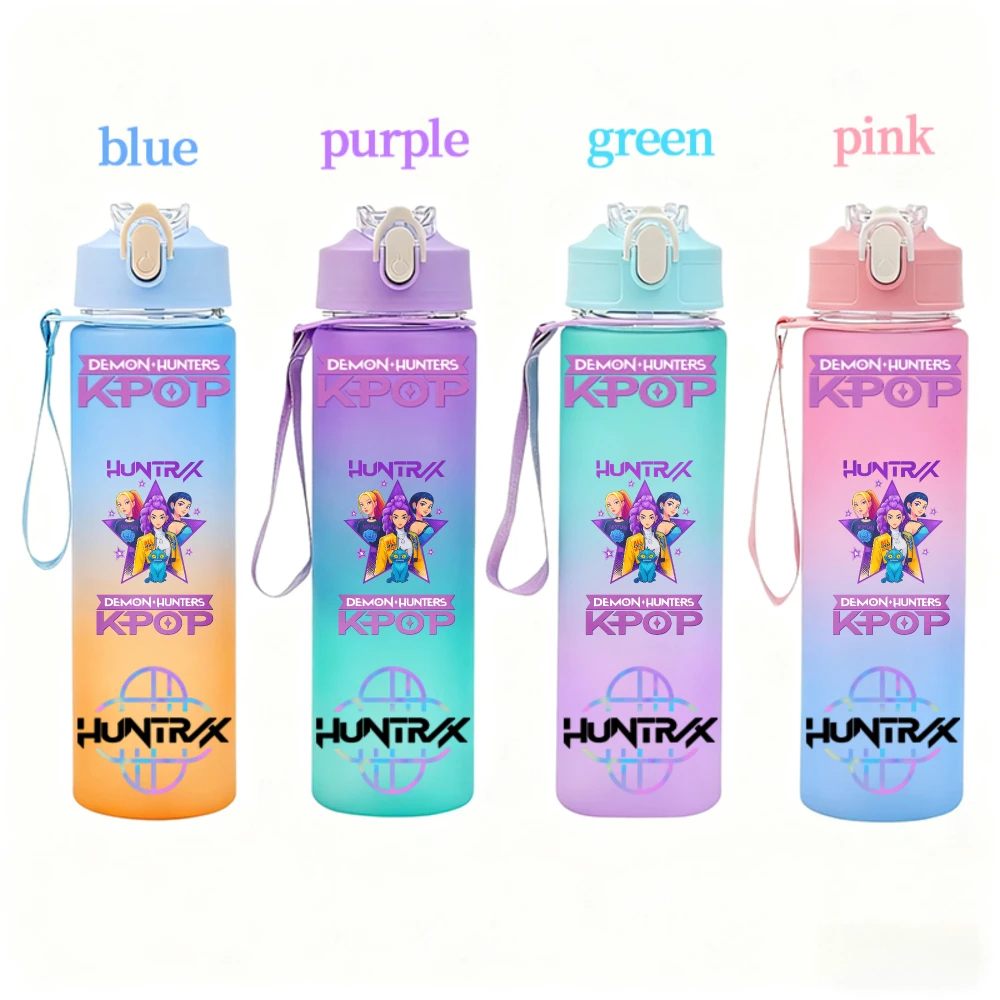 750 مللي KPop شيطان الصيادين زجاجة ماء مع القش هنتركس رومي ميرا زوي الكرتون المشي لمسافات طويلة المحمولة شرب زجاجات المشجعين الهدايا
