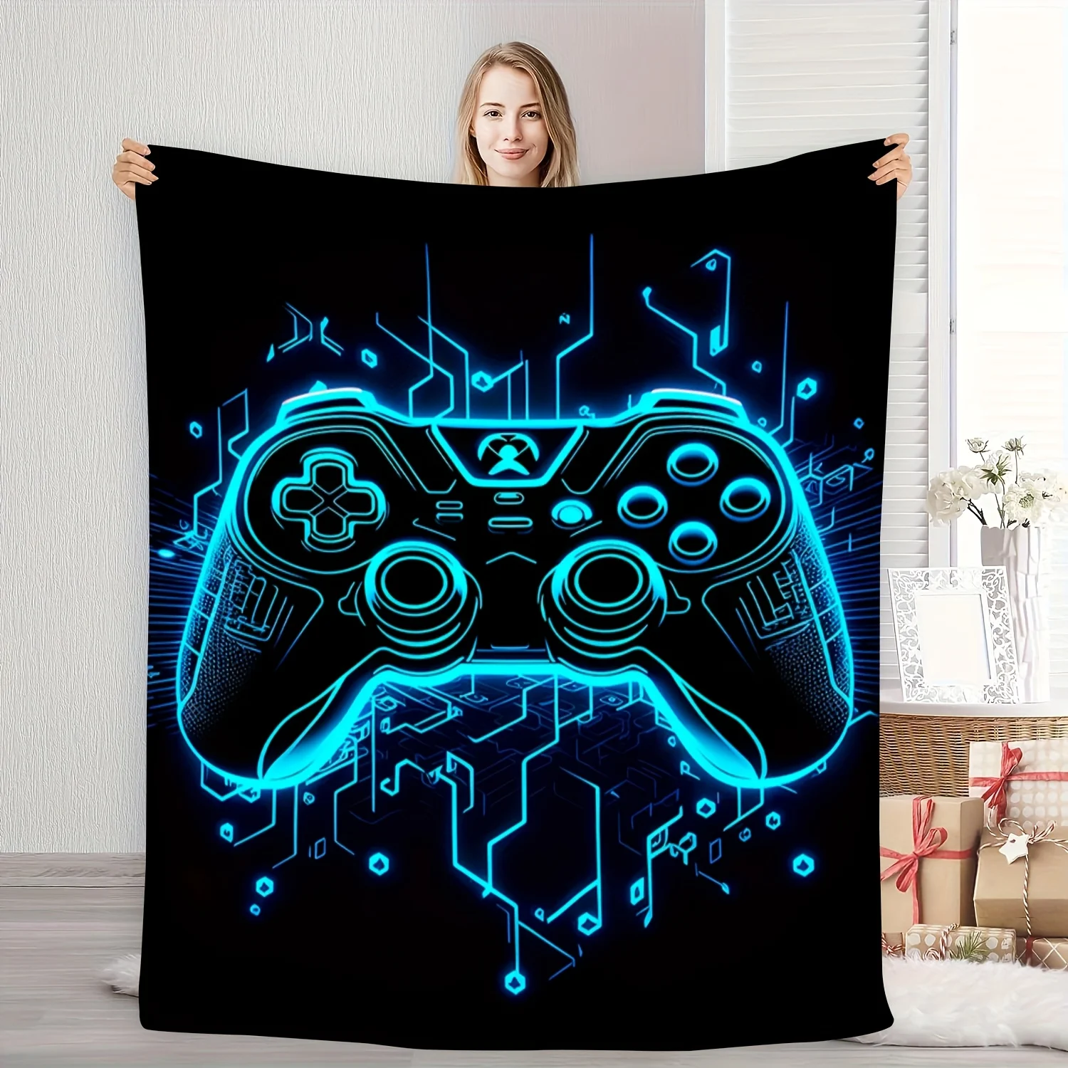 Fleece Blanket for Gamers, Featuring High-Definition Game Controller Digital Prints - Soft And Breathable 100% Polyester, Black