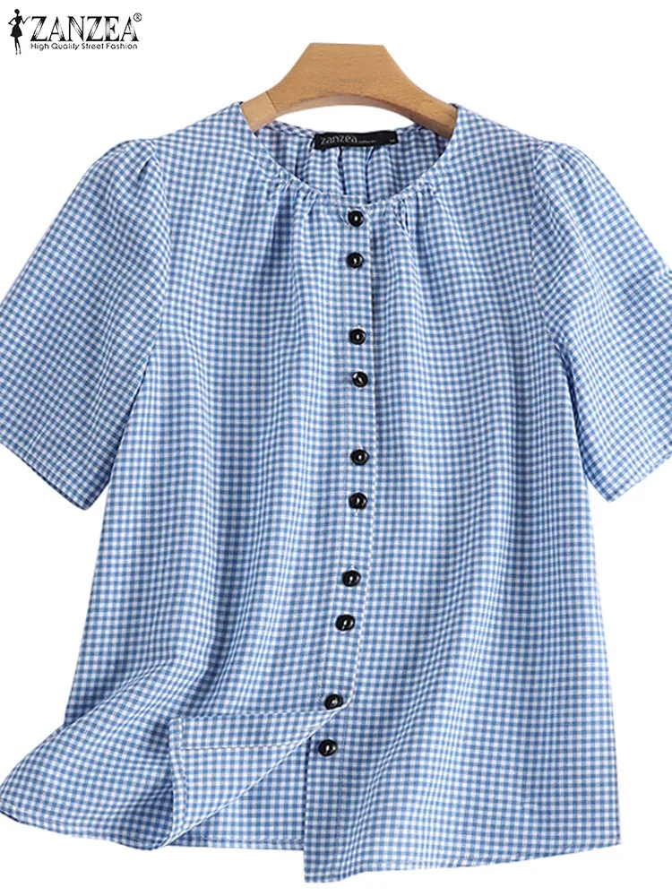 ZANZEA Fashion Grid Printed Shirt Summer Short Sleeve Plaid Button Women\'s Blouse Femme Casual Holiday Tunic Tops Oversized 2023