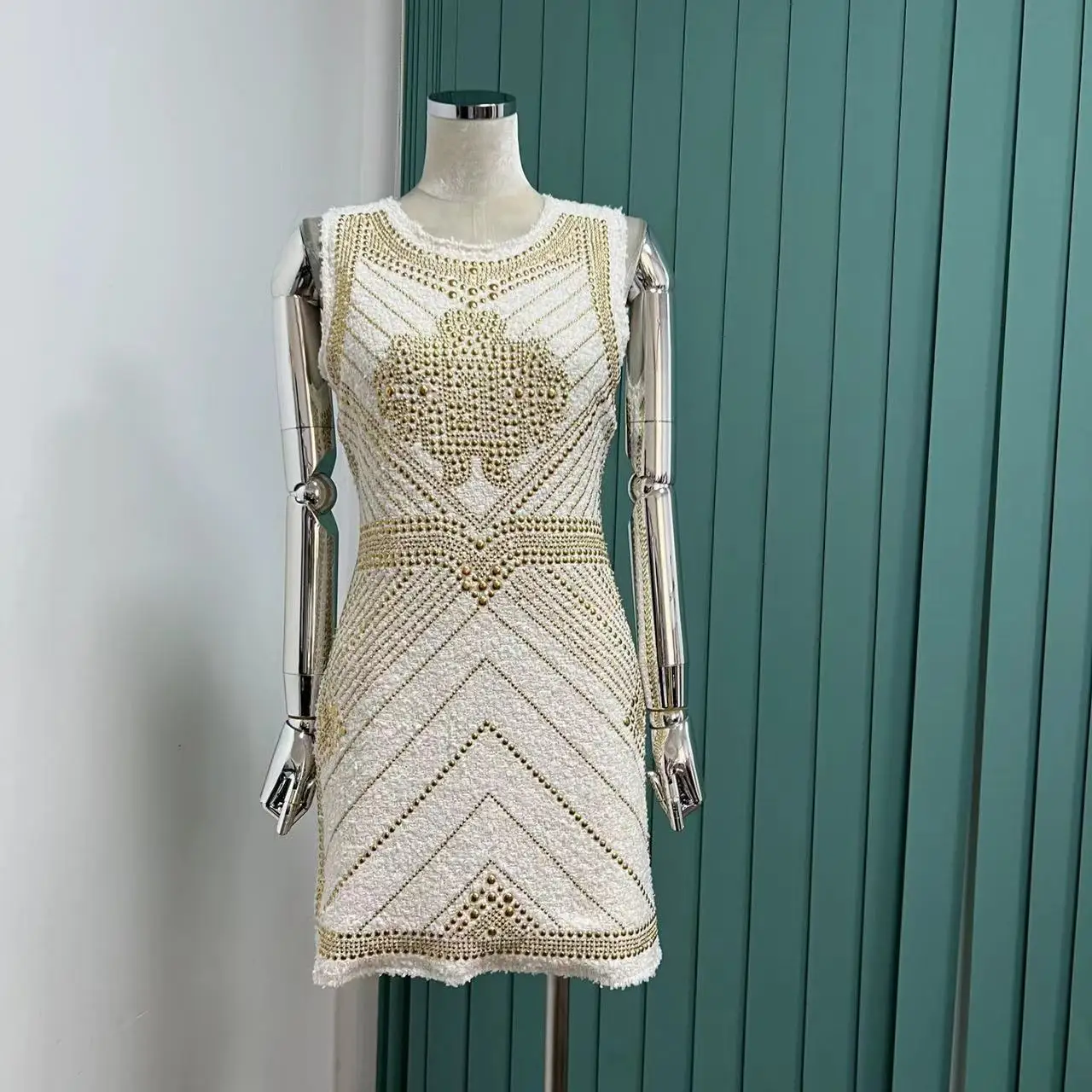 

2022 Goddess Luxury High Edition Party Dress Heavy Industry Bronzing Woven Vest Wool Blended Dress