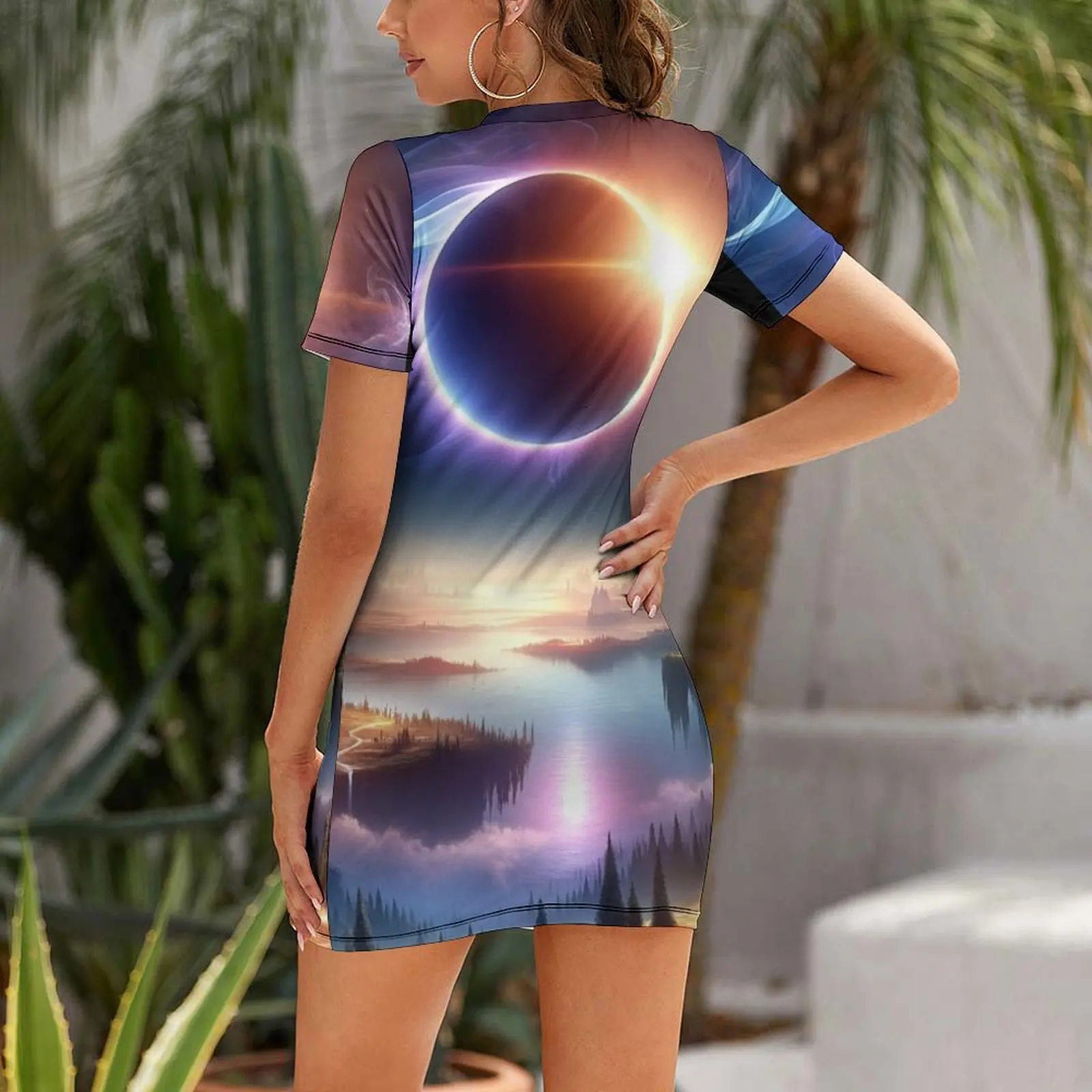 Solar Eclipse - April 8 2024 Dreamscape Short Sleeved Dress Women's summer dress Female dress