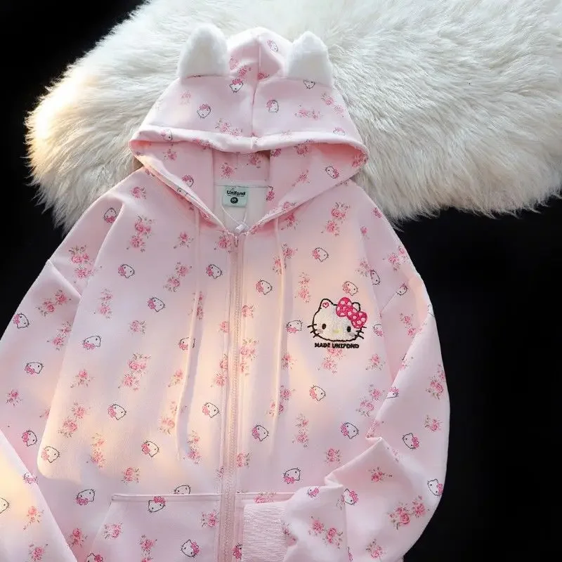 Sanrio Hello Kitty 100% ciężka bawełna 2024 Wiosna Jesień Nowy Kitty Kwiatowy luźny kardigan Cienki sweter z kapturem Kobieta