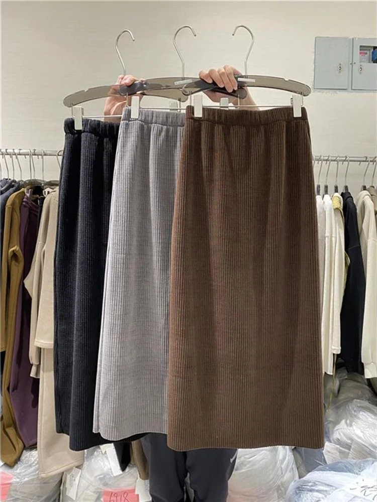 Jupe trapèze coréenne grande taille pour femmes avec fente coupe ample automne hiver jupes polyvalentes en velours côtelé taille haute Midi...