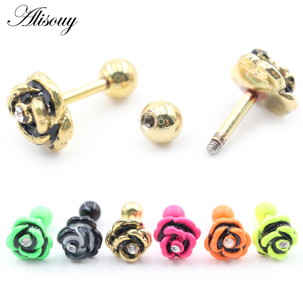 

Alisouy 2PC Rose Flower Stainless Steel Candy Color Baking Paint Zircon Ear Stud Earring Tragus Cartilage Helix Piercing Jewelry