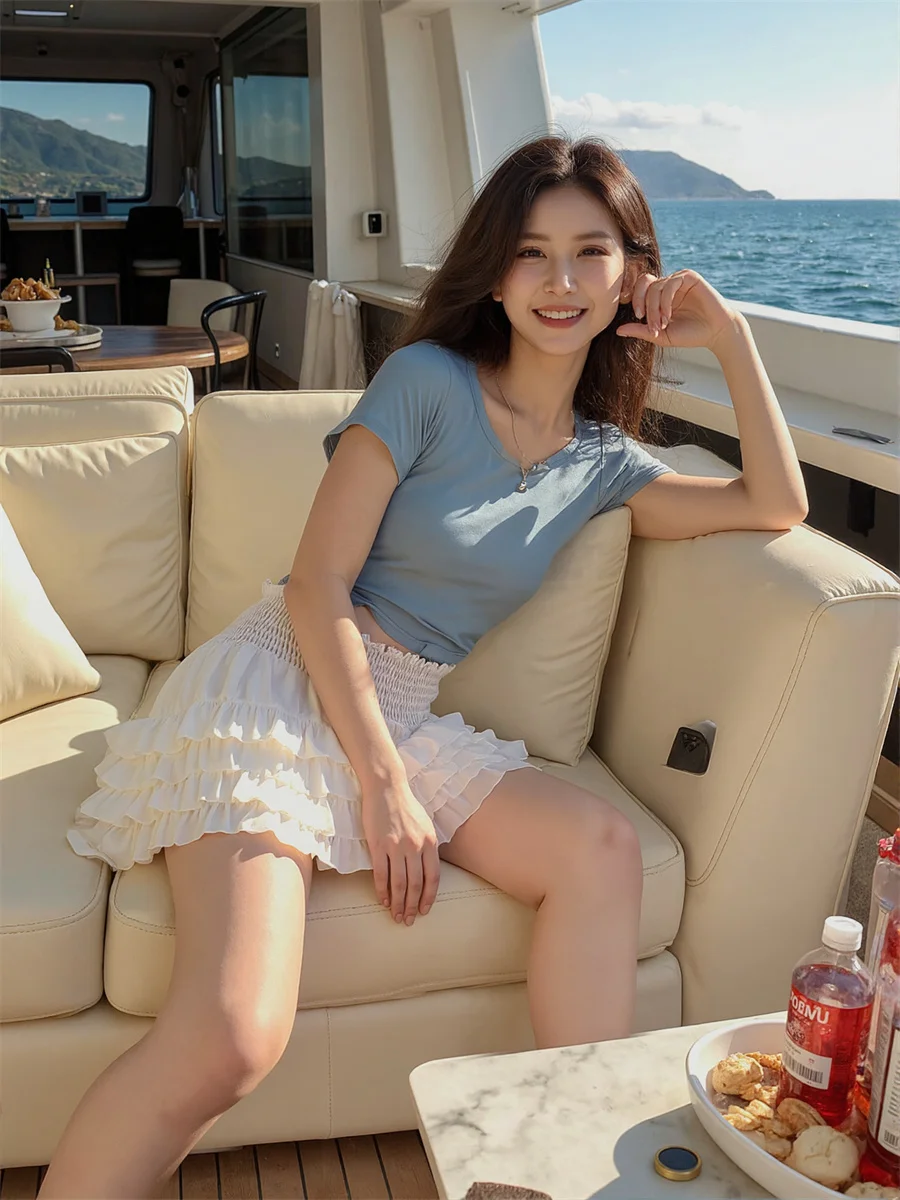 

Shirring Cake Mini Skirts Womens Pleated Layered Mesh Tulle Ruffle Waist Applique Elegant Kawaii Spring Feminina Chiffon