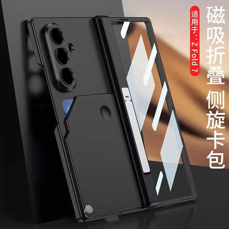 Phone Case Rotating Card Holder Stand Magnetic For Samsung Z Fold7 Rotating Shaft Case Full Coverage Anti-drop Protective Cover